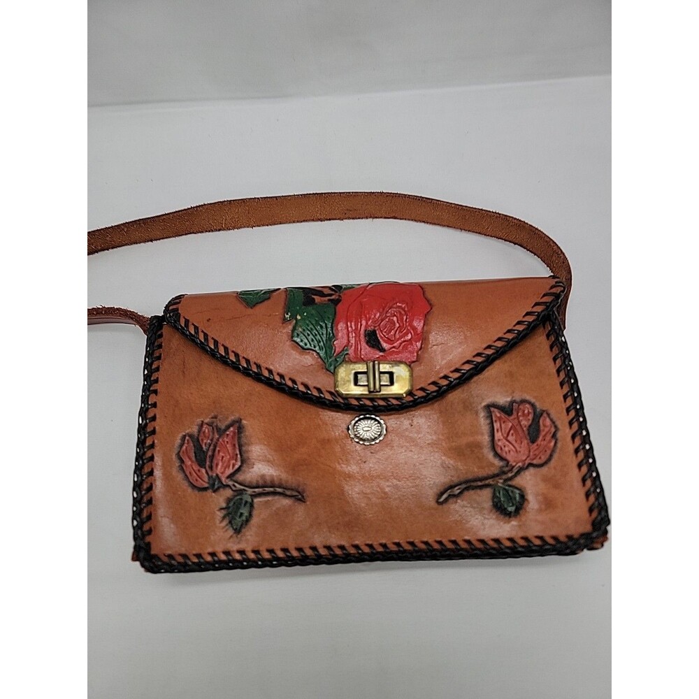 Vintage Handmade Tooled Leather Shoulder Bag Roses And Unicorn Design 8x5x1